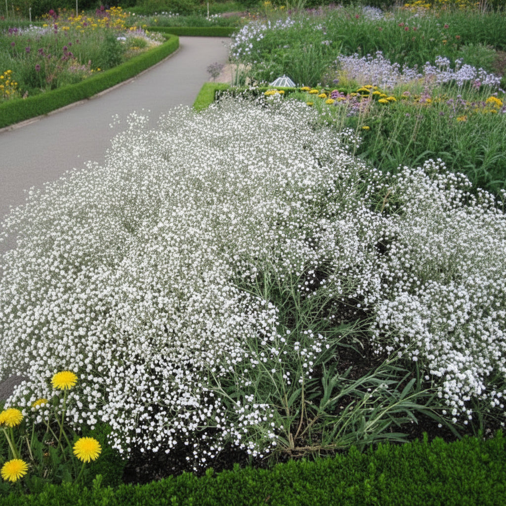 Floarea miresei (Gypsophila) este o plantă ornamentală delicată, cu flori albe bogate, ideală pentru grădină, borduri și buchete elegante.
