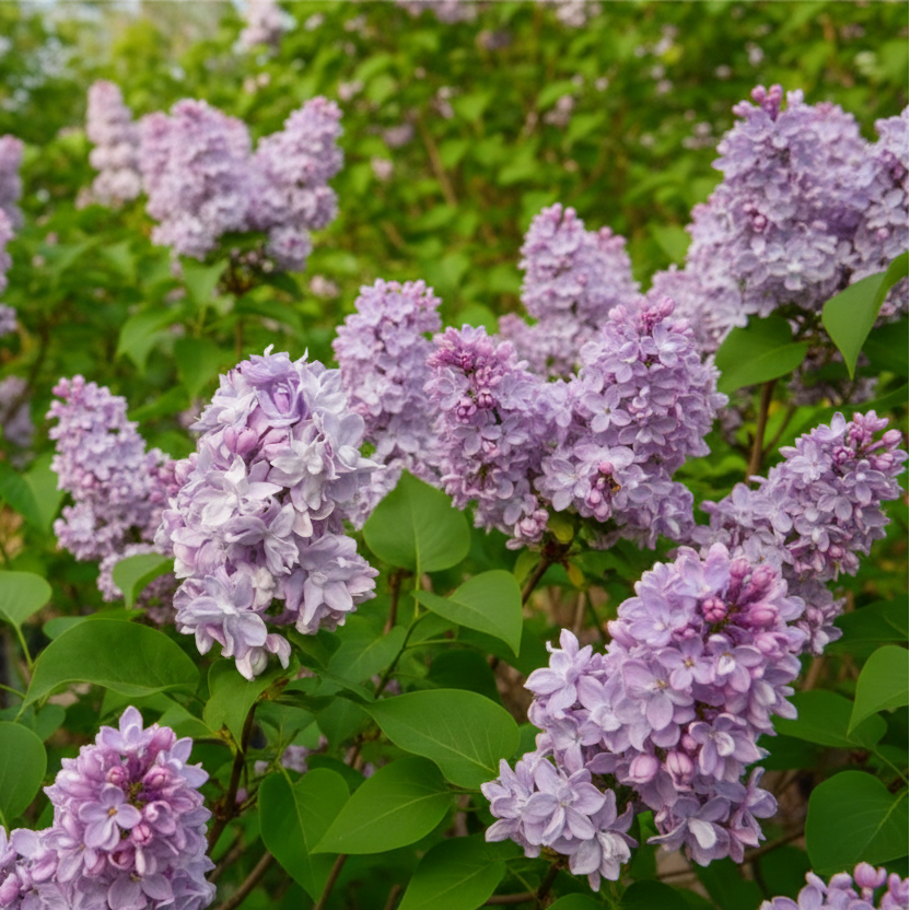 Liliac Syringa vulgaris Katherine Havemeyer cu flori duble mov-lila și ciorchini parfumați