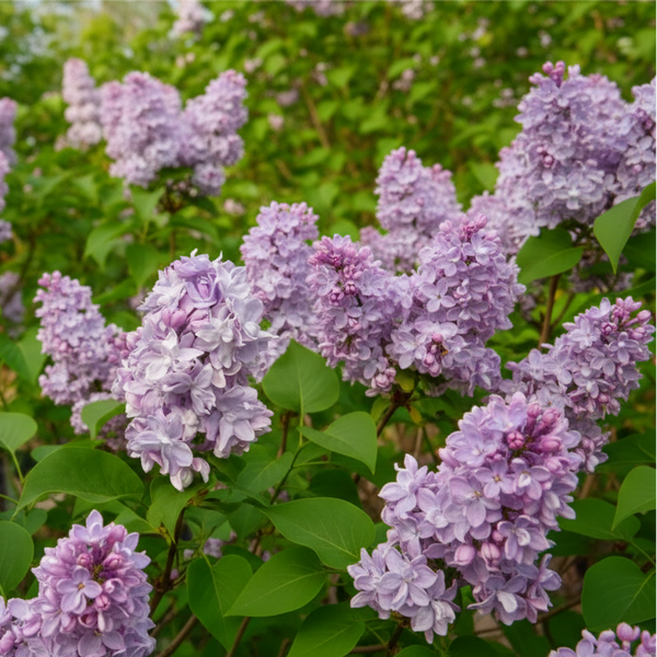 Liliac Syringa vulgaris Katherine Havemeyer cu flori duble mov-lila și ciorchini parfumați