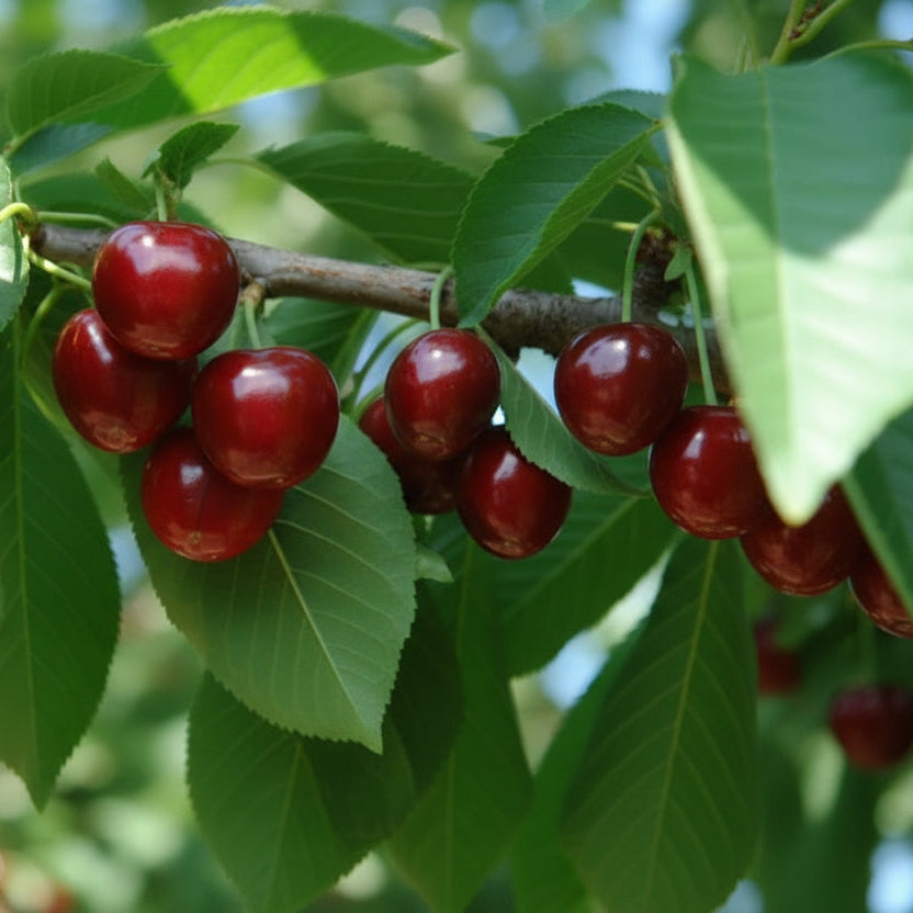 Pom fructifer cireș Prime Giant anul 3, cu fructe mari roșu-închis, soi timpuriu și productiv