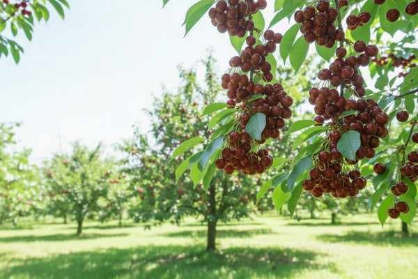 Cireș Skeena cu fructe roșu închis, mari și coapte, crescute natural pe ramuri verzi