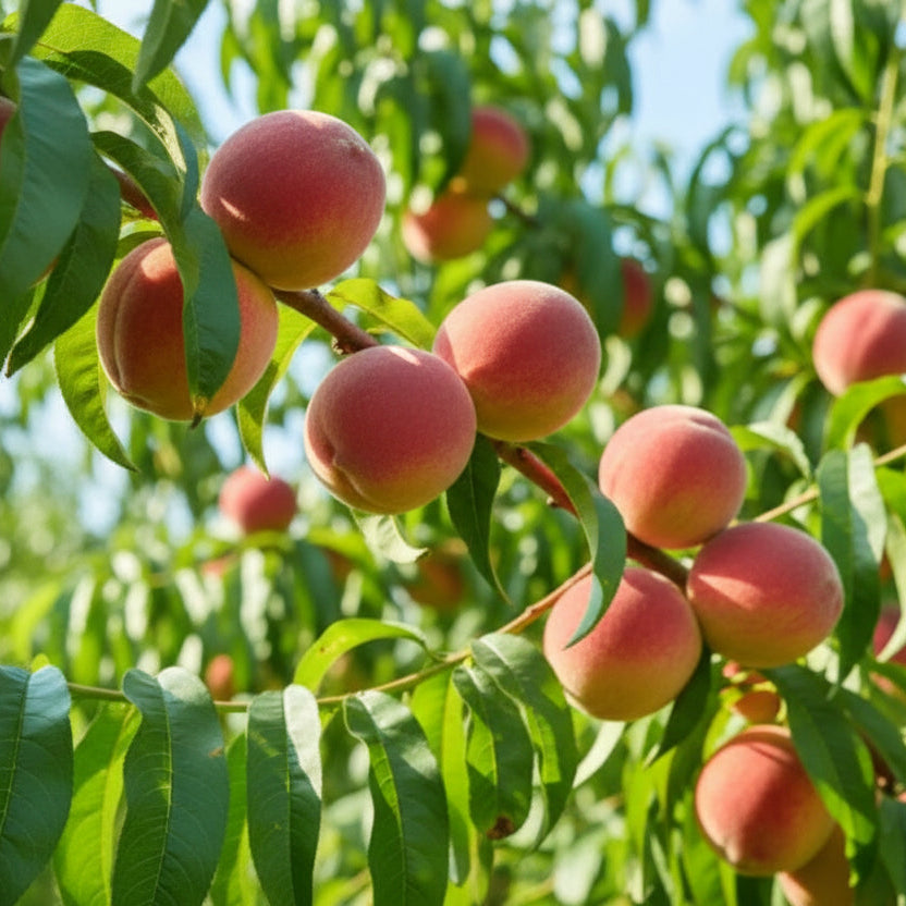 Pom fructifer Piersic Cardinal anul 3 cu frunze verzi și fructe galben-roșii, ideal pentru plantare în grădină.