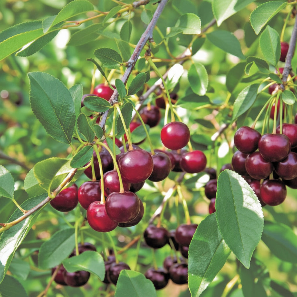Vișin Dwarf Timpuriu cu fructe roșii coapte, crescute pe ramuri compacte, ideal pentru grădini mici