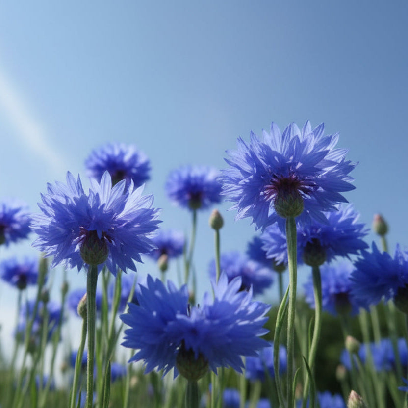 Flori de albăstrele albastre înflorite în grădină, Centaurea cyanus, plantă ornamentală naturală