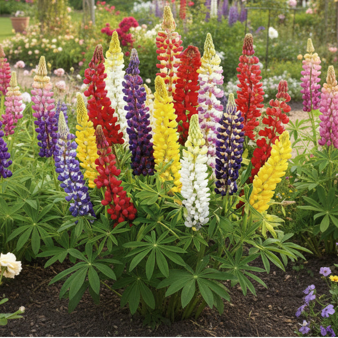 Flori de lupin peren colorate în nuanțe de roșu, galben, alb și violet, adăugând frumusețe și diversitate unei grădini.