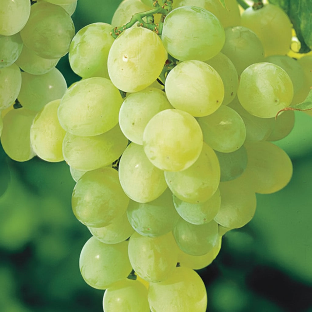 Struguri Thompson Seedless verzi, fără sâmburi, cu ciorchini mari și zemoși, crescând pe viță de vie sănătoasă, ideali pentru consum proaspăt și deserturi