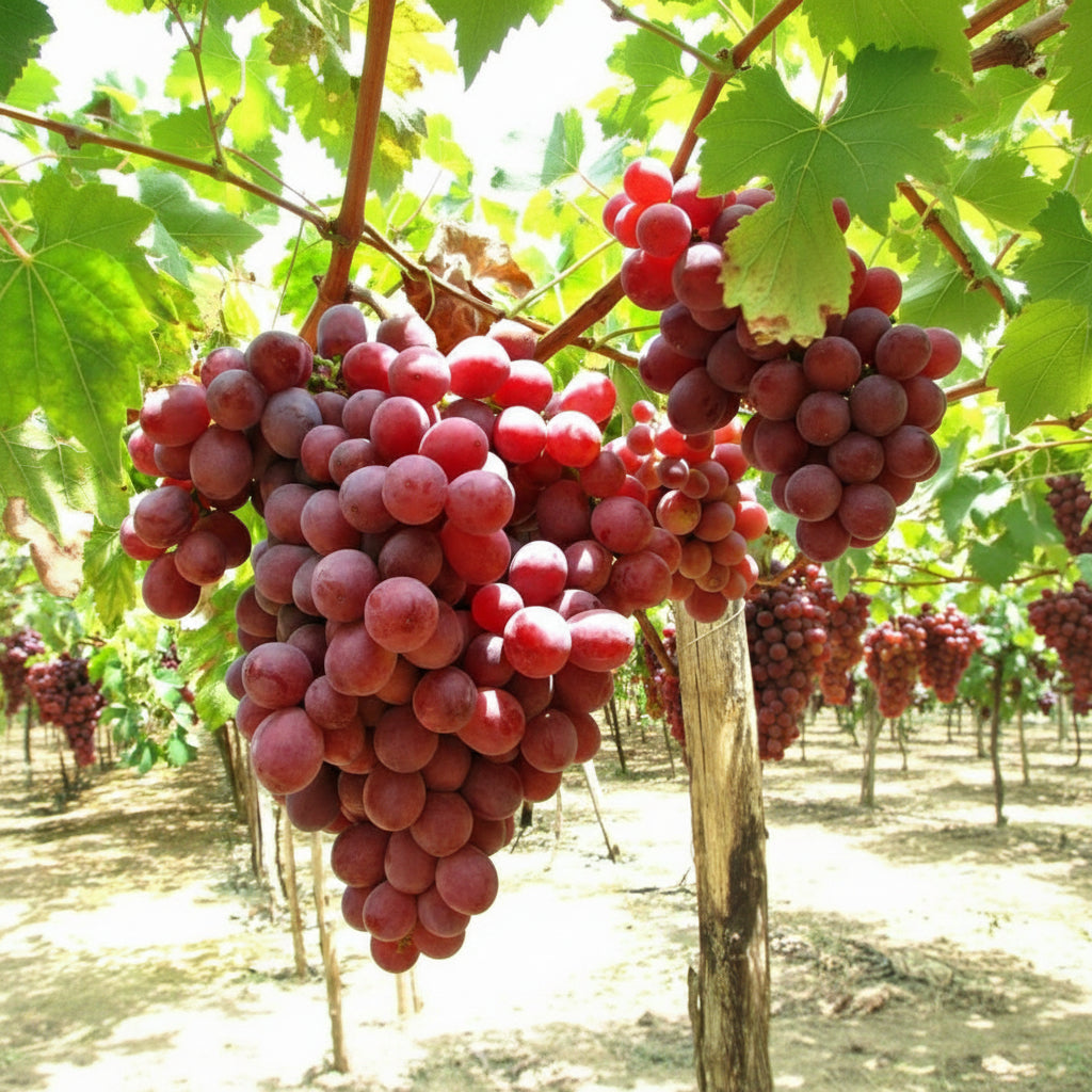 Viță de vie Red Globe cu ciorchine mare de struguri roșii, boabe foarte mari, rotunde și dulci, soi premium de masă pentru grădină și plantații comerciale