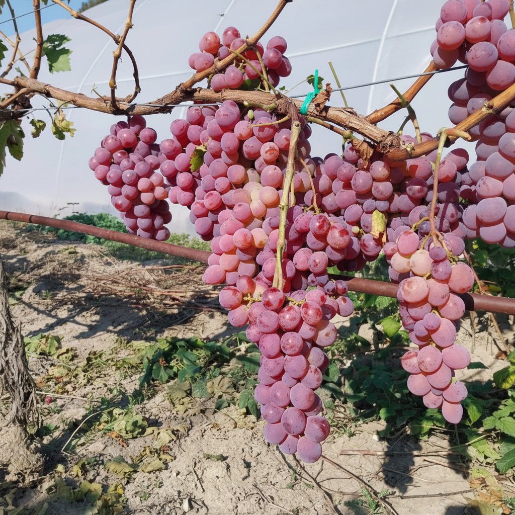 Viță de vie Red Globe cu ciorchini mari de struguri roșii, boabe rotunde și aspect comercial premium.